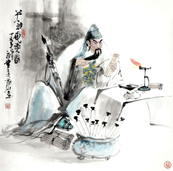 画家张翔洲作品欣赏-关羽夜读图