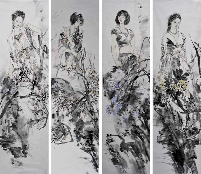 著名画家孟旭耀作品欣赏:人物四条屏