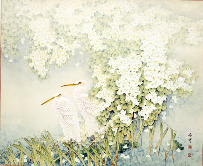 中国画家陈禾青先生作品欣赏:《鹭岛春晖》130x100cm