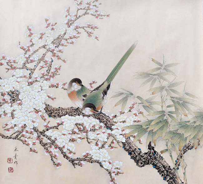 中国画家陈禾青先生作品欣赏:喜上梅梢 75x75cm