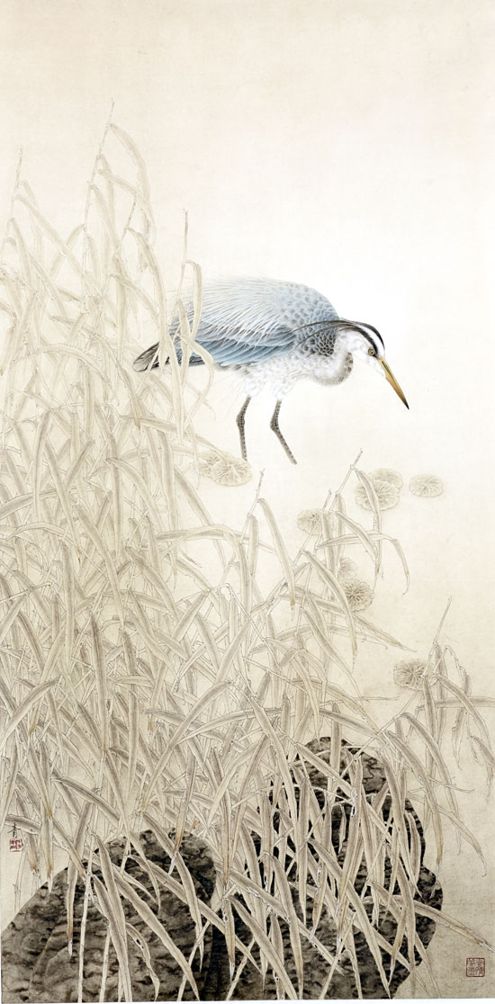 中国画家陈禾青先生作品欣赏:《秋塘鹭影》132x66cm