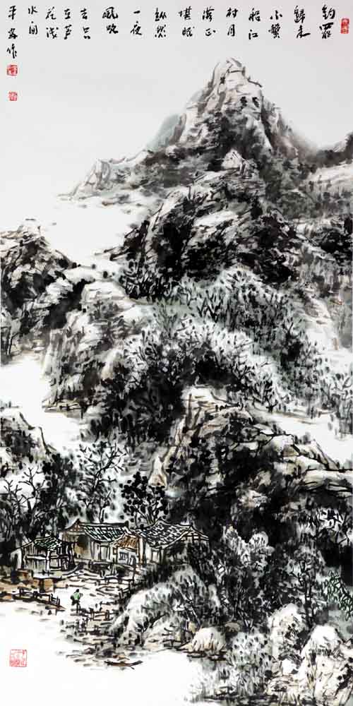 丁平安作品欣赏:江村归舟 138cmX69cm