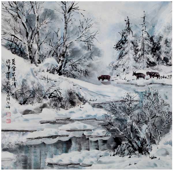 张军先生作品欣赏-觅食不冻河 68x68 2012年