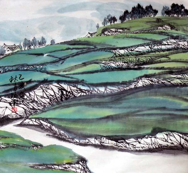 吴晓东先生作品欣赏-丘陵人家 1995年 生宣 50cm×50cm