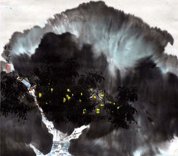 吴晓东先生作品欣赏-山村暮色 1995年 生宣 50cm×50cm