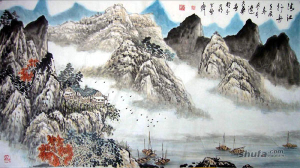 画家边久华作品-清江行舟