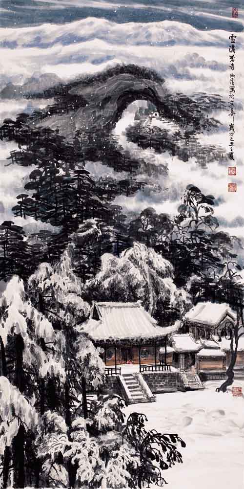 邹湘溪先生作品赏析-古寺雪霁 136×68cm 2009年