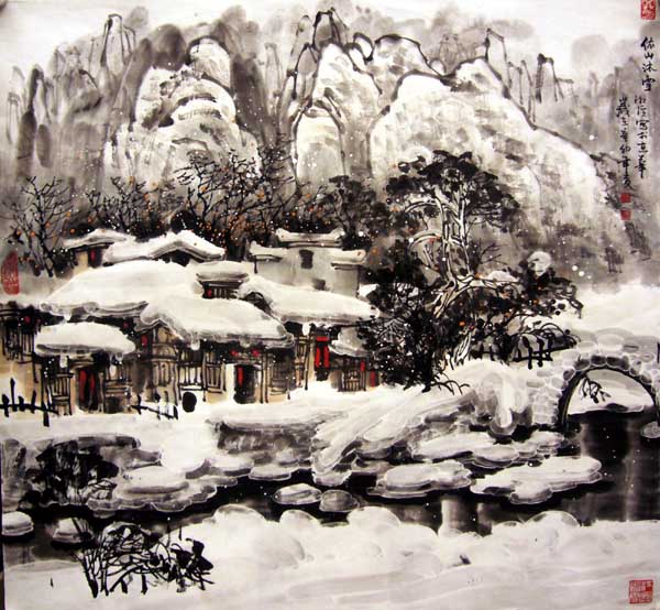 邹湘溪先生作品赏析- 依山沐雪 68x68cm 2011年