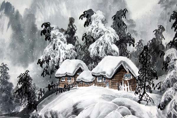 张家纯先生作品赏析-《雪岭茅屋图》局部