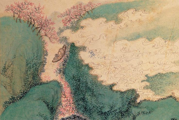 中国山水画历史名作赏析-清 王翚《桃花渔艇》(大图局部)