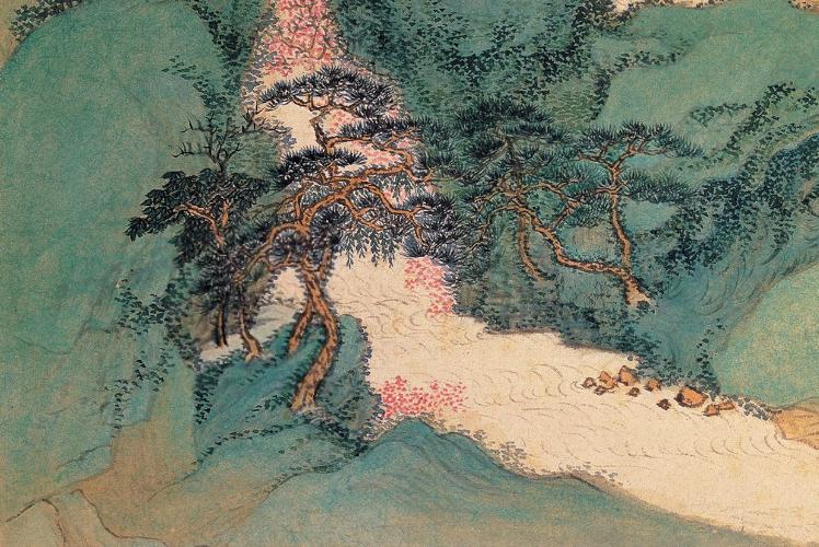 中国山水画历史名作赏析-清 王翚《桃花渔艇》(大图局部)