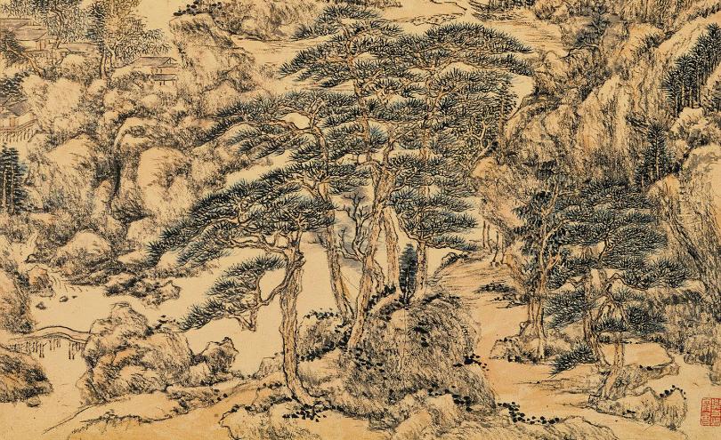 中国山水画历史名作赏析-清 王原祁《仿王蒙夏日山居图》(大图局部)