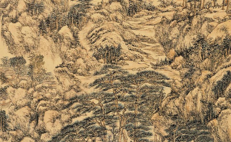 中国山水画历史名作赏析-清 王原祁《仿王蒙夏日山居图》(大图局部)