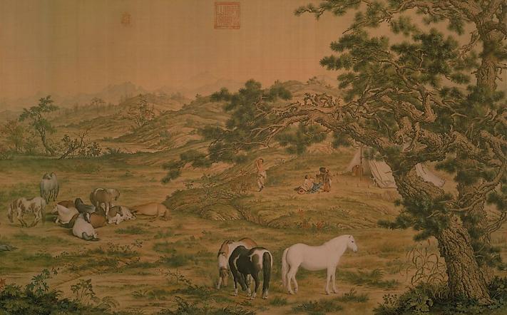 中国山水画历史名作赏析-清 郎世宁《百骏图》(大图局部)
