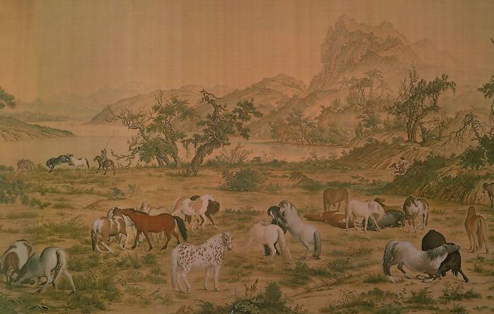 中国山水画历史名作赏析-清 郎世宁《百骏图》(大图局部)
