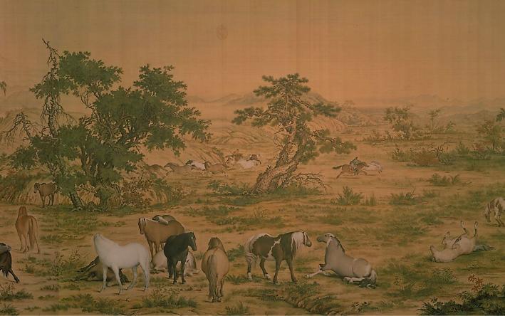 中国山水画历史名作赏析-清 郎世宁《百骏图》(大图局部)