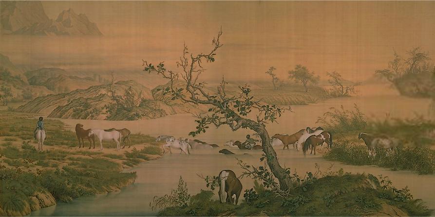 中国山水画历史名作赏析-清 郎世宁《百骏图》(大图局部)