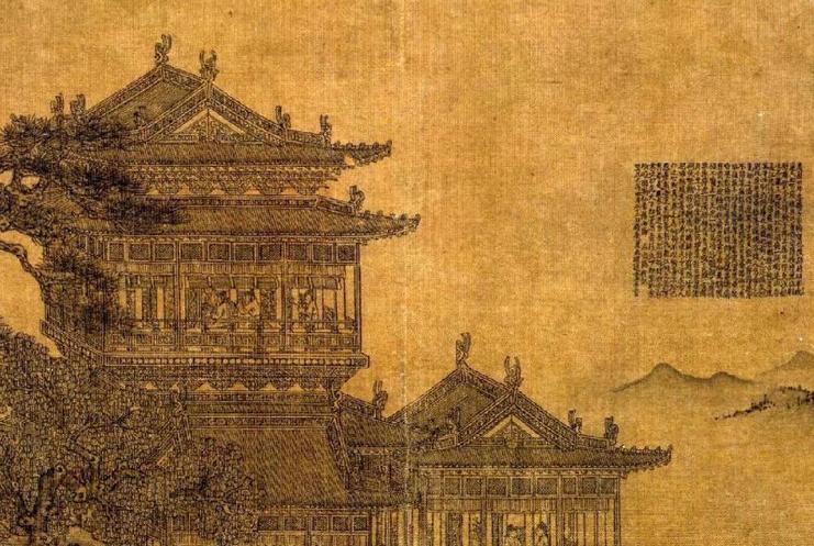 元代夏永作《岳阳楼图》扇页局部大图欣赏