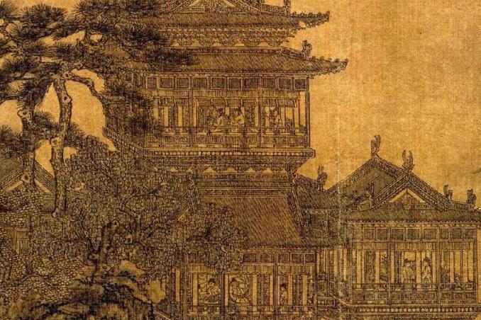 元代夏永作《岳阳楼图》扇页局部大图欣赏