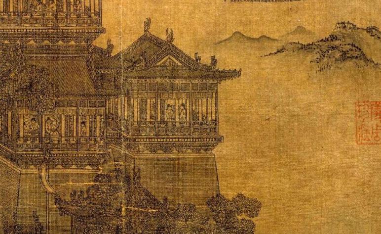 元代夏永作《岳阳楼图》扇页局部大图欣赏