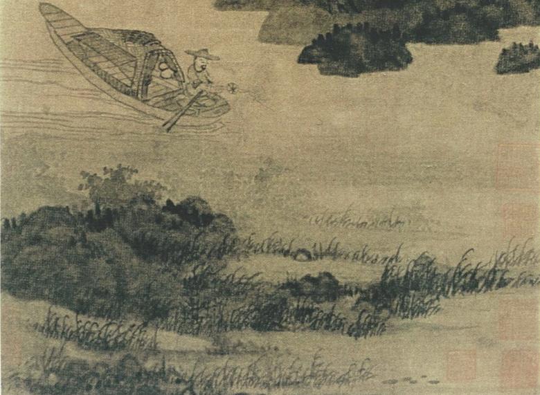 中国山水画历史名作赏析-元 吴镇《渔父图》局部大图