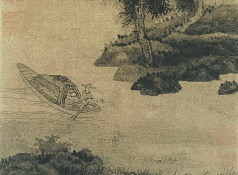 中国山水画历史名作赏析-元 吴镇《渔父图》局部大图