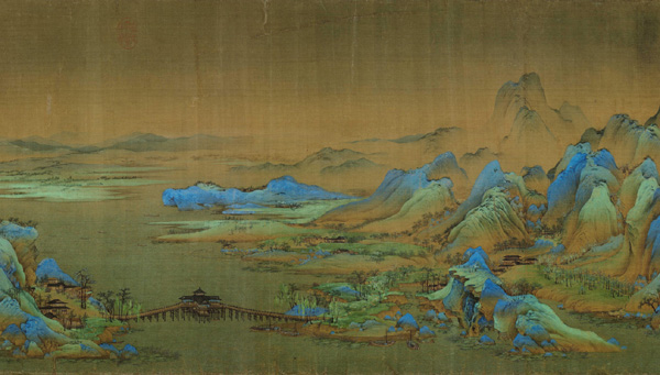 中国山水画历史名作赏析-北宋 王希孟《千里江山图》(局部)