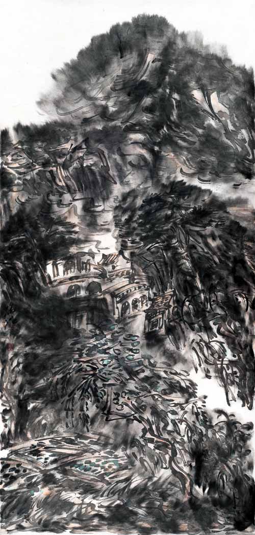 山庄过雨图 136cm×68cm