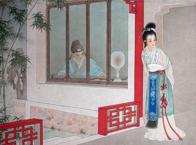 王叔晖工笔画作品:《西厢记》8听琴