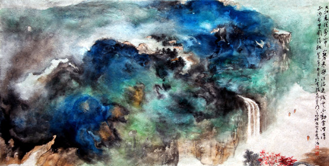 聂振文泼墨泼彩山水画作品欣赏:帆影万里锁清秋68x136cm