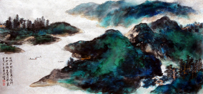 聂振文泼墨泼彩山水画作品欣赏:水抱孤村远85x180cm
