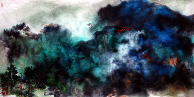 聂振文泼墨泼彩山水画作品欣赏:云峰奇秀68x136cm