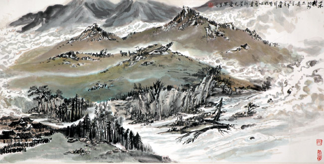 画家贺万里的中国大山水：禾木村+的阿尔泰，2006，136-68cm