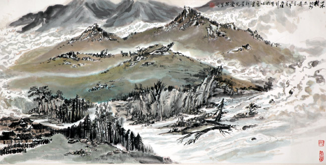 画家贺万里的中国大山水:禾木村+的阿尔泰,2006,136-68cm