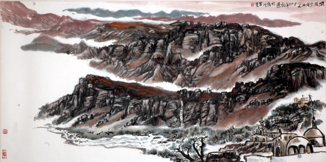 画家贺万里的中国大山水:牧放火焰山,136-68cm,2006
