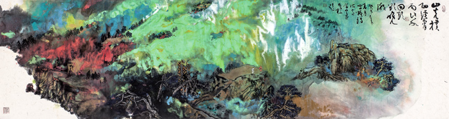 画家贺万里的中国大山水:郑板桥诗意:山光扑面经霄雨,180-48cm,2013