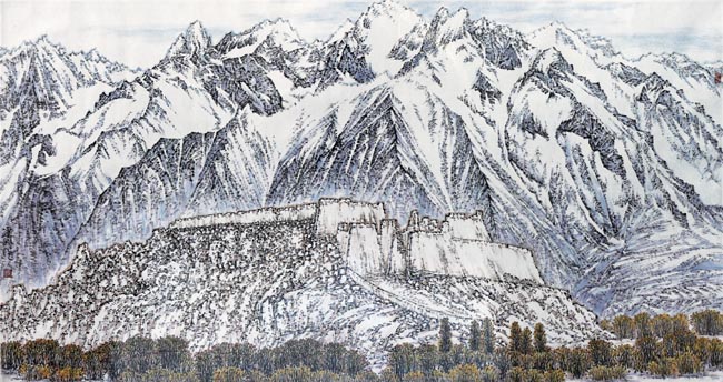 著名画家顾建国的新疆大山水作品:新疆风光系列—塔什库尔干石头城 180x97cm