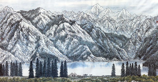 著名画家顾建国的新疆大山水作品:新疆风光系列—天山天池 190x97cm
