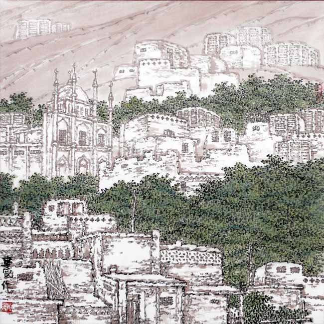 著名画家顾建国的新疆大山水作品：土峪沟（68×68）