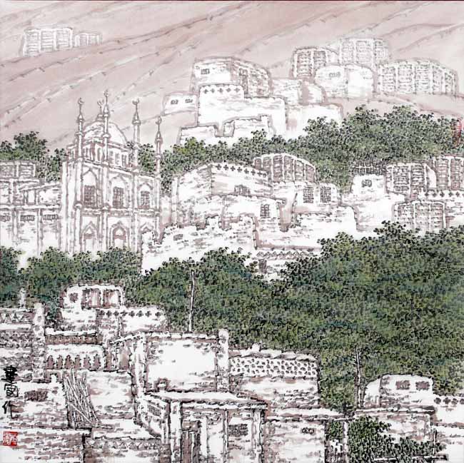 著名画家顾建国的新疆大山水作品:土峪沟(68×68)