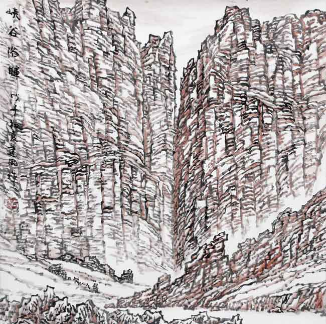 著名画家顾建国的新疆大山水作品：峡谷浴辉（68×68）
