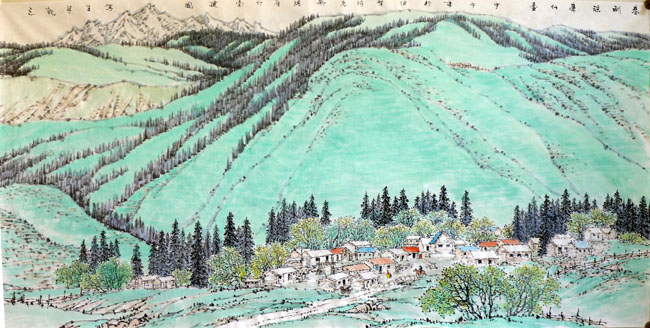 著名画家顾建国的新疆大山水作品:春到琼库什台138x68cm