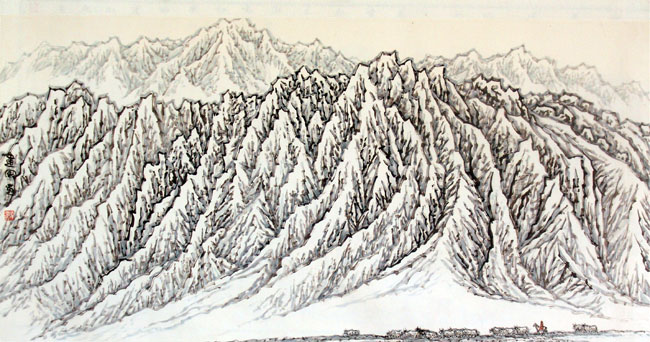 著名画家顾建国的新疆大山水作品：高原风光（138×68）