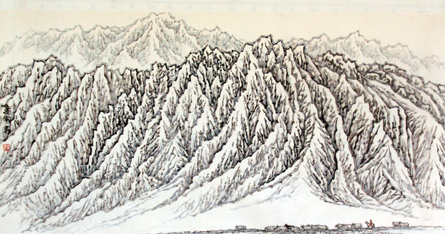 著名画家顾建国的新疆大山水作品:高原风光(138×68)