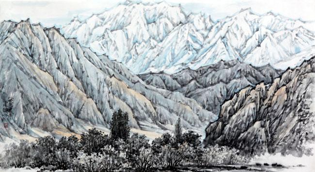 著名画家顾建国的新疆大山水作品:慕士塔格远眺90x48cm
