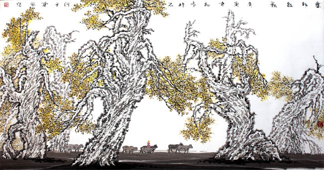 著名画家顾建国的新疆大山水作品:塞外牧歌180x97