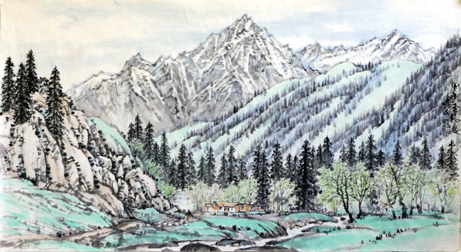 著名画家顾建国的新疆大山水作品:深山牧区90x48cm