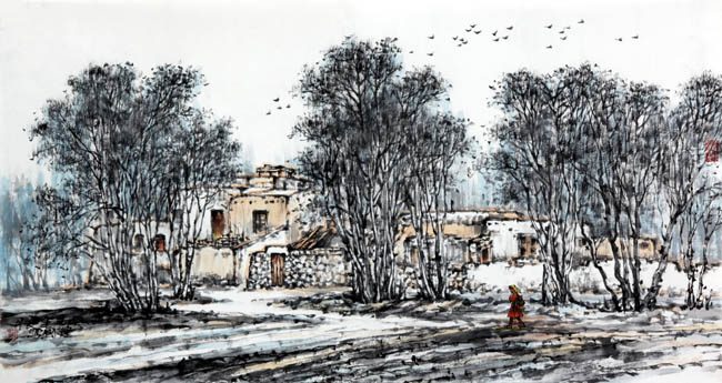 著名画家顾建国的新疆大山水作品:塔吉克族村落90x48cm