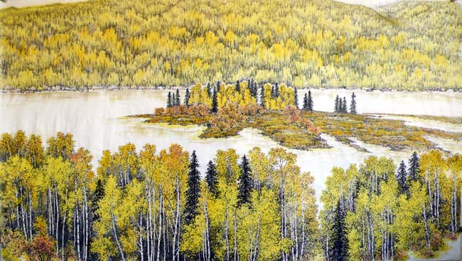 著名画家顾建国的新疆大山水作品:新疆风光系列—喀纳斯卧龙湾 180x97cm