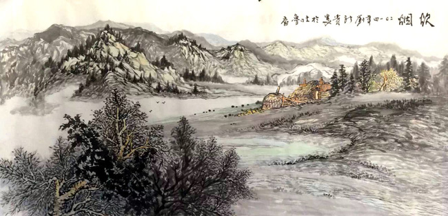 刘新贵的新疆大山水作品:炊烟138x69cm